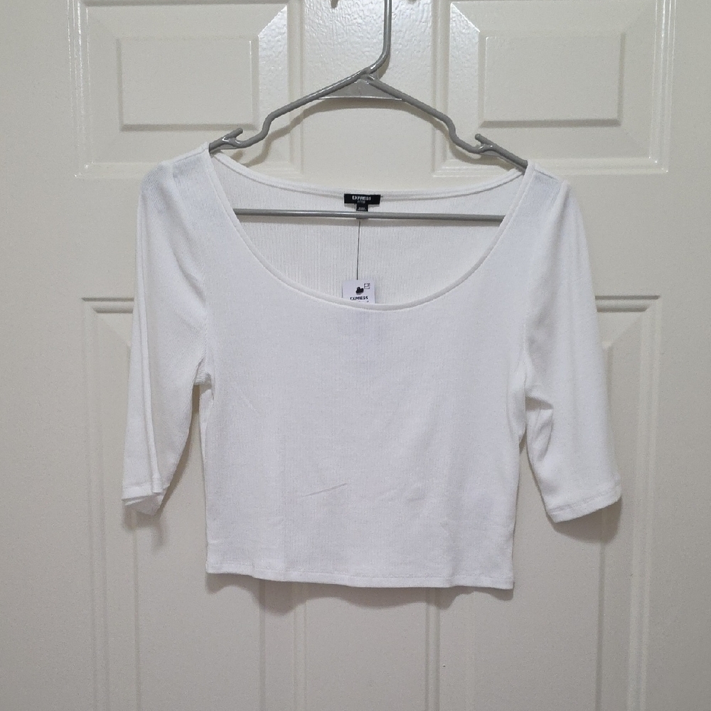 Express White Ribbed Scoop-Neck Cropped Top